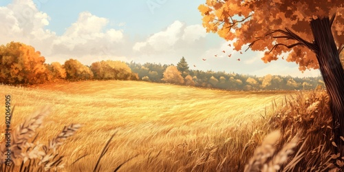 Autumn's Abundance: A High-Definition Hand-Drawn Illustration of Nature's Harvest in Golden Fields, Celebrating Seasonal Riches with Amber Tones and Cozy Comfort in Anime Style. photo