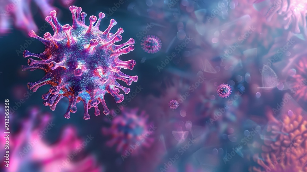 A vibrant illustration of virus particles in a colorful microscopic view, showcasing intricate details and cellular structure. A vibrant illustration of virus particles in a colorful microscopic view, showcasing intricate details and cellular structure.