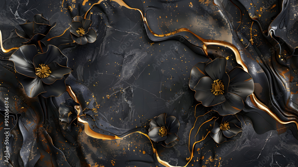 Exquisite marble texture with 3d black flowers and glistening gold veins, ideal for refined backgrounds and luxurious design elements in top-tier projects Exquisite marble texture with 3d black flowers and glistening gold veins, ideal for refined backgrounds and luxurious design elements in top-tier projects