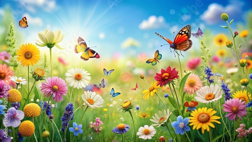 Colorful meadow flowers and insects on background, meadow, flowers, insects, colorful, vibrant, nature, garden, bugs