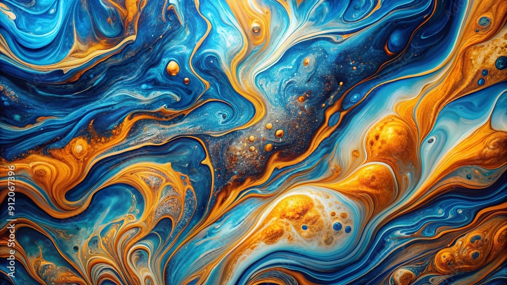 Fototapeta premium Abstract background of blue, orange and golden marble liquid texture , marble, abstract, background, liquid, texture, , design