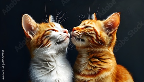 Two cute orange and white cats are kissing each other warmly with a dark background. photo