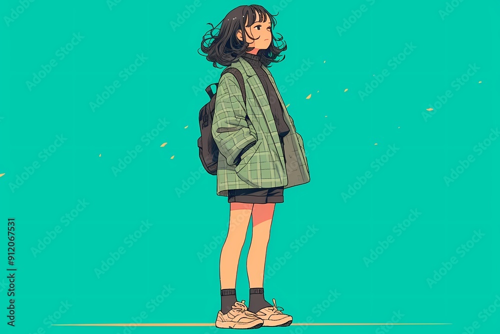 Anime style character illustration, anime lofi, fashion, girl, boy, anime girl wearing denim jacket, college girl, short hairs, on blue green background Anime style character illustration, anime lofi, fashion, girl, boy, anime girl wearing denim jacket, college girl, short hairs, on blue green background
