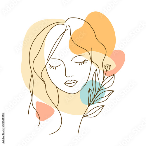 Beautiful Girl with Nature Botanical Foliage Fresh Plant for Natural Beauty Care in Line Art Style