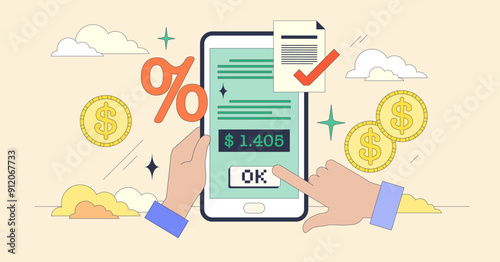 Online loan application with credit approval tiny person neubrutalism concept. Money borrowing app using online bank system vector illustration. Financial calculation for budget and tax percentage.