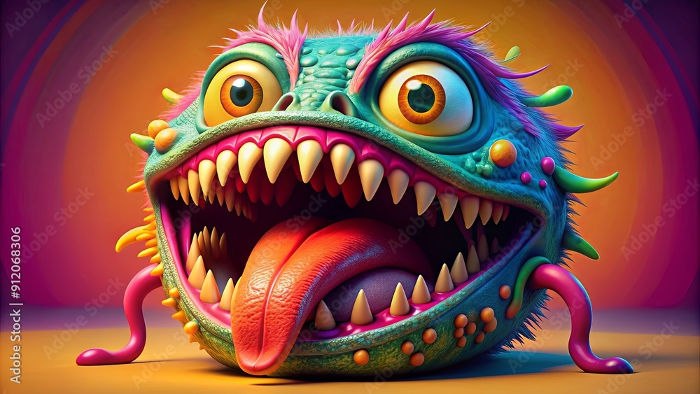 Vibrantly colored monster with sharp teeth and long tongue, exuding both dismay and endearment, monster, rotund Vibrantly colored monster with sharp teeth and long tongue, exuding both dismay and endearment, monster, rotund