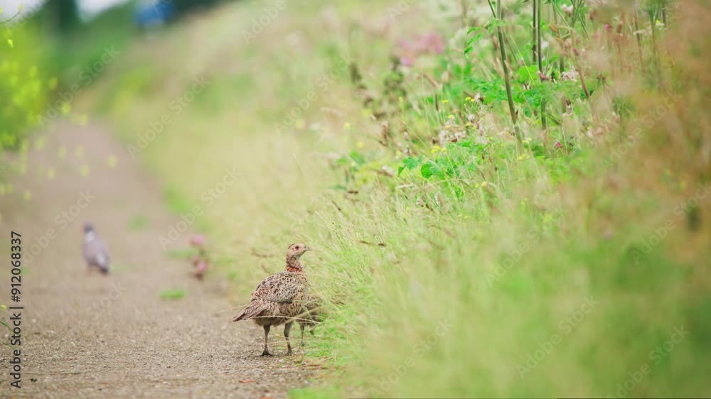 Parent Common Pheasant walks on dirt path between tall grass, telephoto rearview, Groenzoom Netherlands staring out