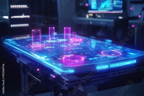 Wallpaper Mural Clinical trial data displayed on a holographic table, showcasing advanced data analysis and futuristic research tools Torontodigital.ca