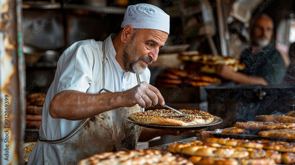 Baker Arranging Freshly Baked Flatbread Baker Arranging Freshly Baked Flatbread