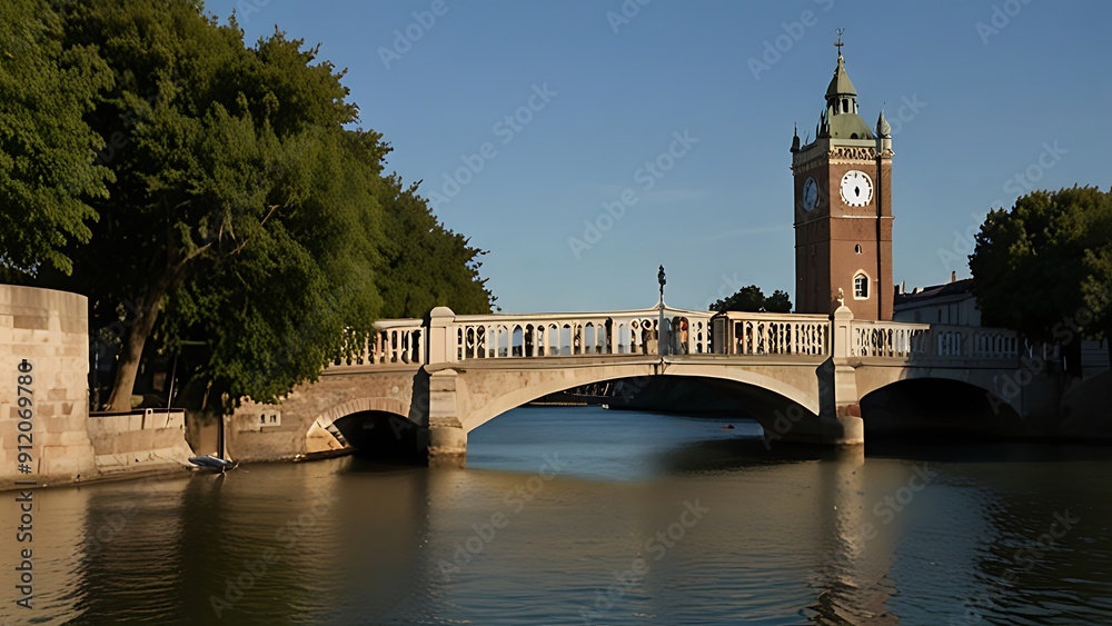a bridge over water with a clock tower,Pisa, Italy - July 12, 2023: Praetorian Palace. Clock tower. Middle Bridge over the Arno River. Summer morning