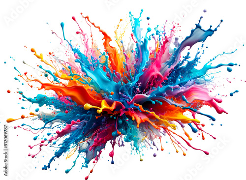 Colorful powder particles burst on a white background