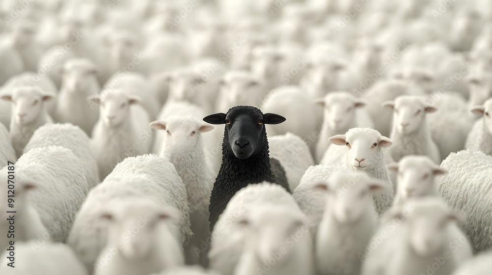 Fototapeta premium Solitary Black Sheep Standing Out in a Herd of White Sheep in a Peaceful Pastoral Landscape