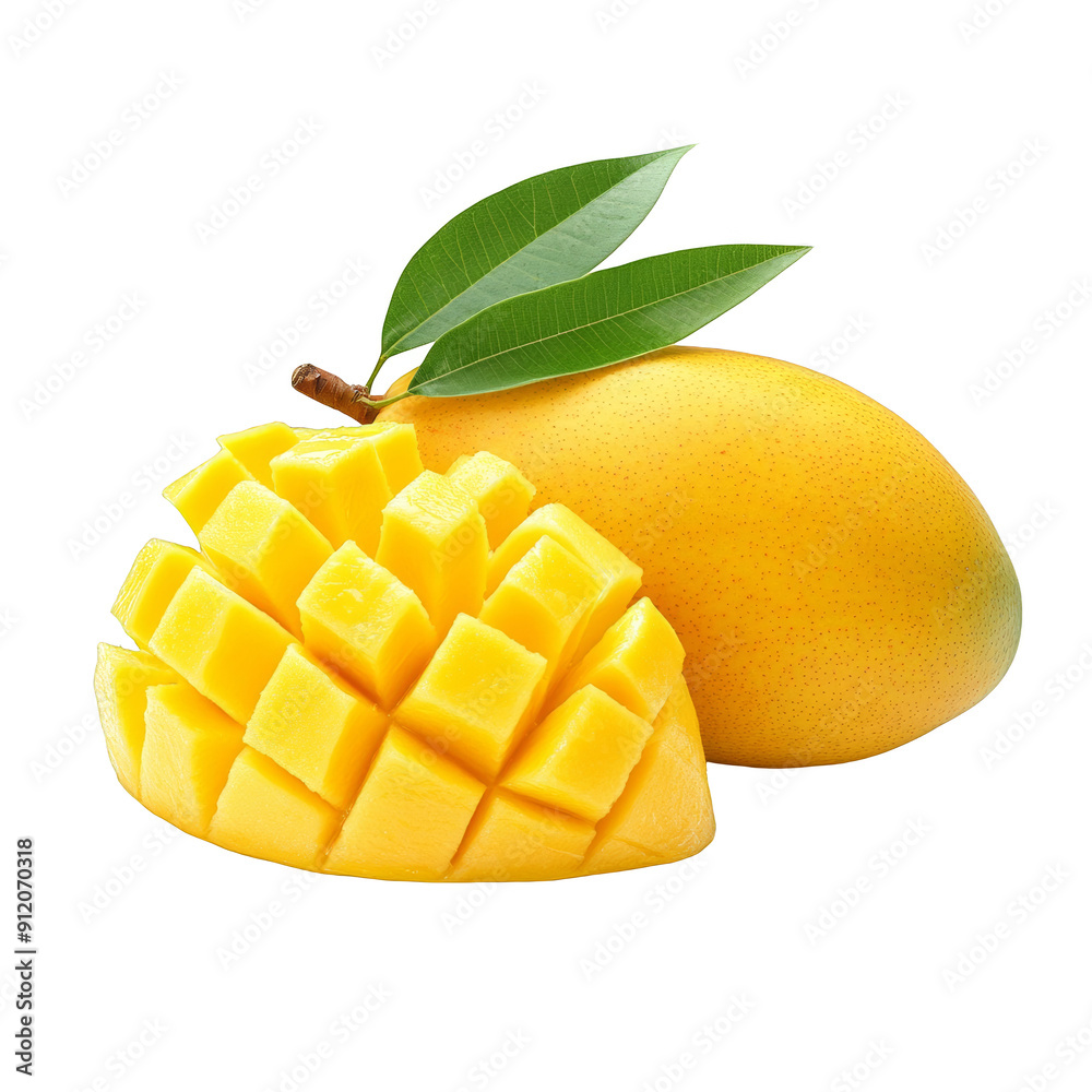 Fresh isolated ripe tropical mango with a Slice Cut into Squares on white background. Fresh isolated ripe tropical mango with a Slice Cut into Squares on white background.