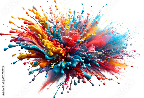 Colorful powder particles burst on a white background