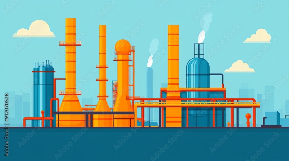 Fototapeta premium Heavy machinery, oil refinery setup, flat design illustration