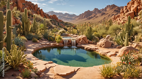 Serene Desert Landscape with Pool and Waterfall photo