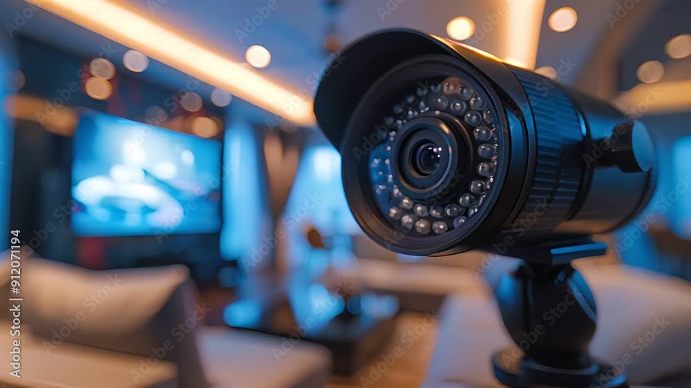 A security camera mounted on a wall, overlooking a modern living room. The camera lens is in focus, while the interior of the room is blurred.