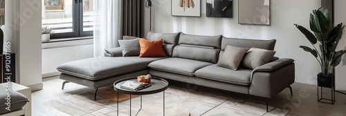 Sigerf Harboe Chaise Longue in gray fabric, set in a bright living room with white carpet, window with curtains, and street view. Modern style, comfortable seating, suitable for reading or relaxing. photo