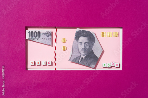 Fake Japanese yen banknote on purple background, collage style photo