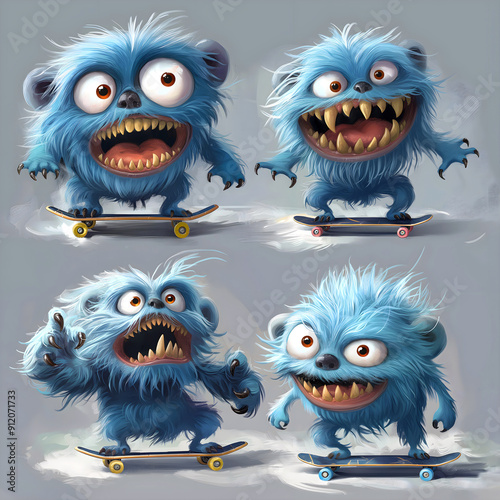 Shaggy Monster On A City Skateboard. Illustration On The Theme Of Cartoons And Fairy Tales, Comics And Characters. Generative AI