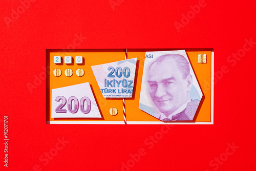  Fake Turkish lira banknote on red background, collage style photo