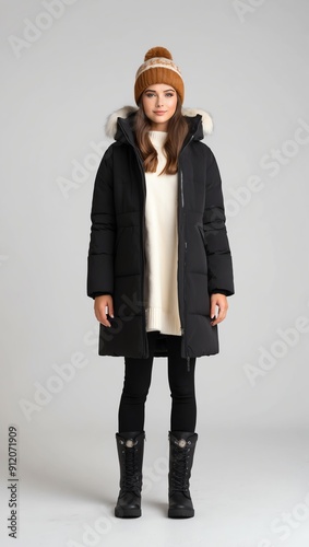 girl in black winter coat on white plain background pictorial model shoot portrait photo