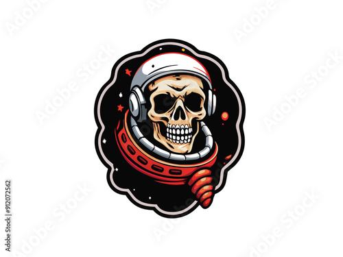 A skull wearing an astronaut helmet and suit, in space with stars and planets.