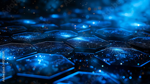 Glowing blue hexagonal network expands across a dark background, symbolizing technological growth and interconnectedness