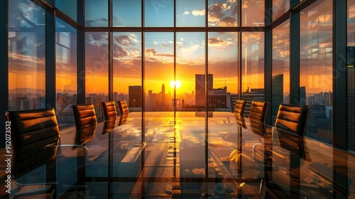 conference room, with big glass windows generic city sky line through windows, golden hour