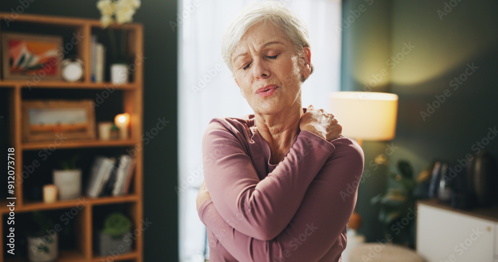 Senior woman, neck injury and pain with shoulder in stress, joint inflammation or muscle tension at home. Female person with sore spine, bone or fibromyalgia in fatigue or discomfort at house Senior woman, neck injury and pain with shoulder in stress, joint inflammation or muscle tension at home. Female person with sore spine, bone or fibromyalgia in fatigue or discomfort at house