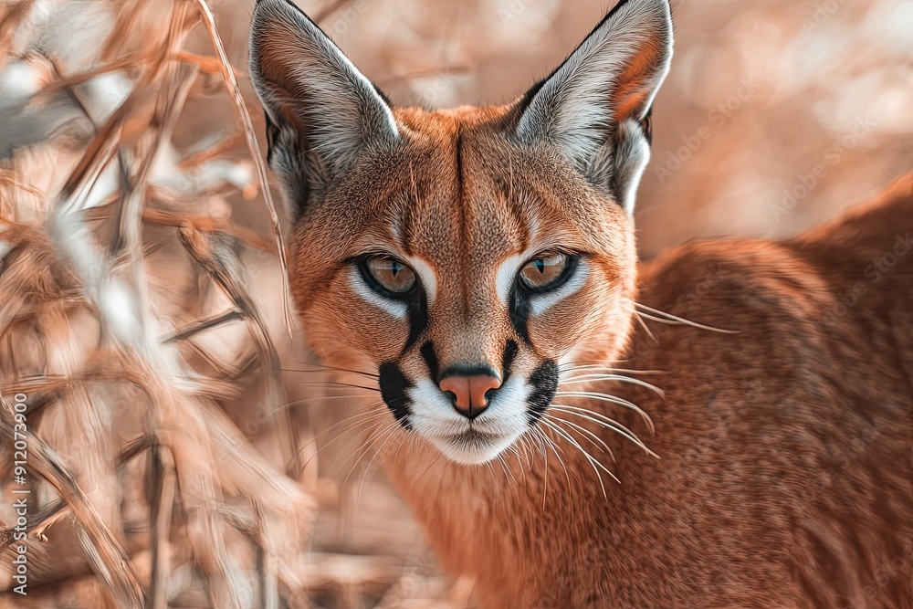 Close-up caracal portrait in desert with scrub Close-up caracal portrait in desert with scrub