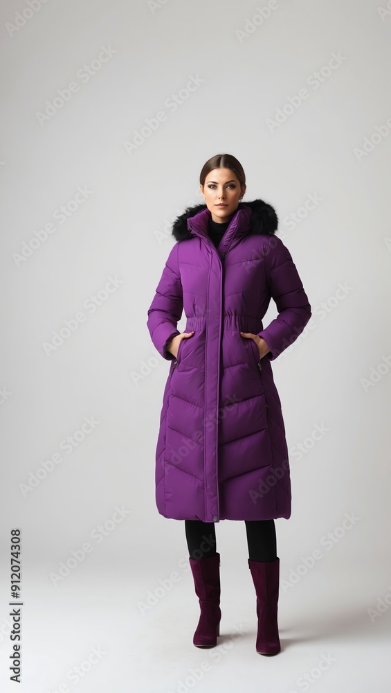 woman in purple winter coat on white plain background pictorial model shoot portrait woman in purple winter coat on white plain background pictorial model shoot portrait