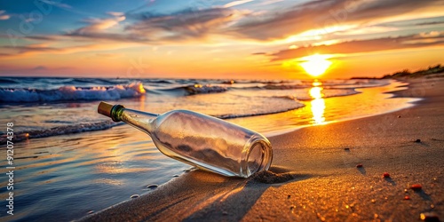 Fototapeta Naklejka Na Ścianę i Meble -  Message in a bottle on sandy beach at sunset on Baltic Sea , message, bottle, beach, dramatic, sunset, Baltic Sea