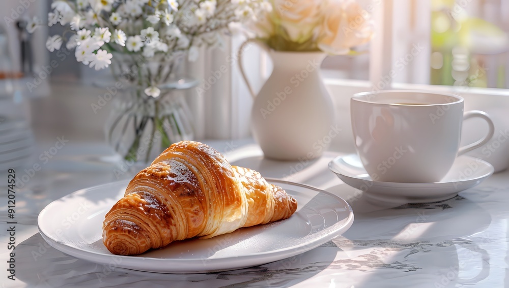 A Freshly Baked Croissant with Powdered Sugar, Served with a Cup of Tea on a Marble Tabletop in Sunny Morning Light A Freshly Baked Croissant with Powdered Sugar, Served with a Cup of Tea on a Marble Tabletop in Sunny Morning Light