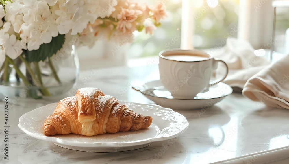Freshly Baked Croissant with Powdered Sugar Served with Coffee and Flowers in a Romantic Setting Freshly Baked Croissant with Powdered Sugar Served with Coffee and Flowers in a Romantic Setting