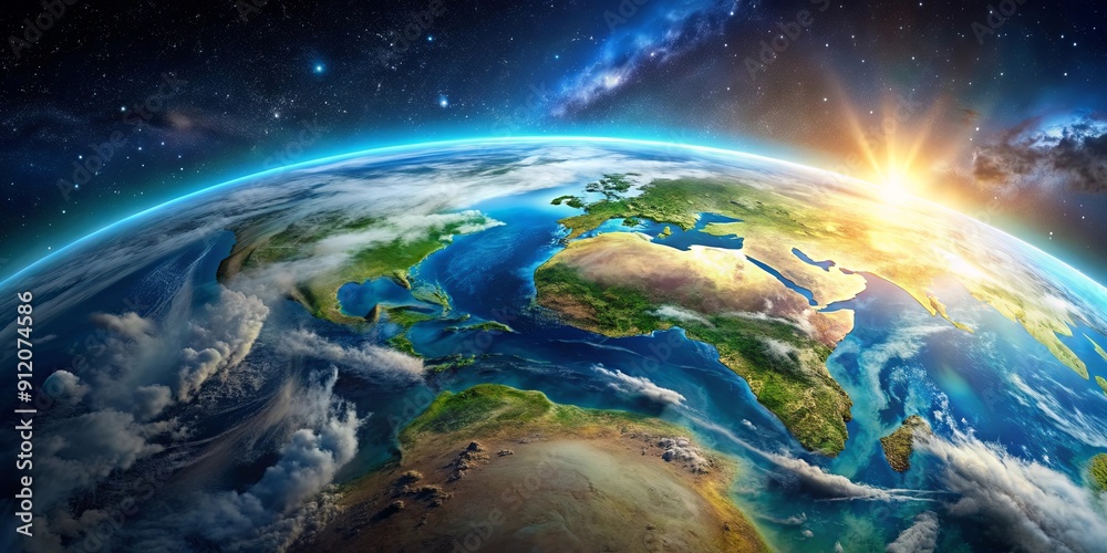 Obraz premium Breathtaking aerial view of Earth from outer space showcasing its majestic beauty and diverse landscapes, Earth, planet, space