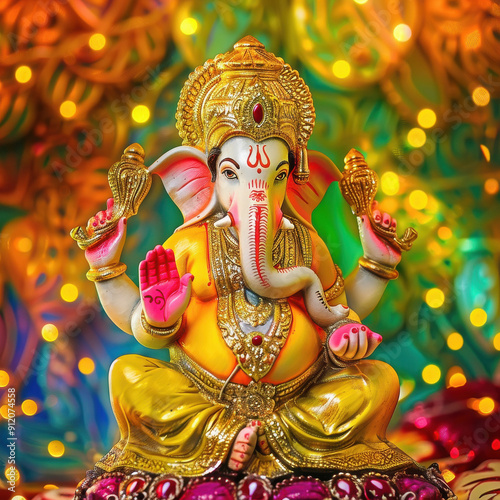 Colorful lord ganesha sculpture on bokeh background