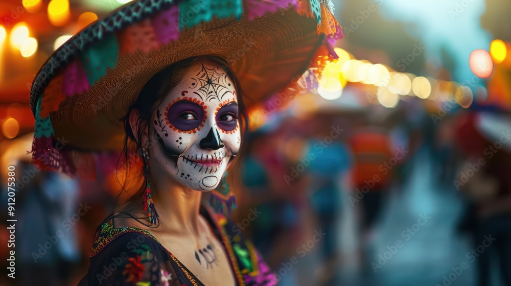 Vibrant celebration with a woman in a traditional sombrero, showcasing colorful makeup during a festive event. Vibrant celebration with a woman in a traditional sombrero, showcasing colorful makeup during a festive event.