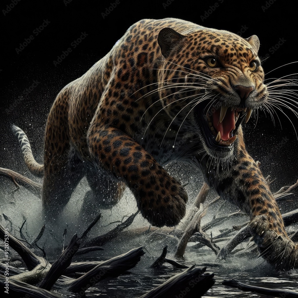 Obraz premium leopard attack on mountain 3d design