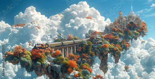  A train journeys through a sea of clouds, evoking a sense of wonder and adventure in a celestial landscape.