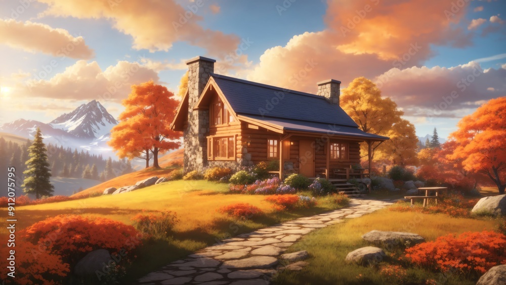 Cozy Cabin in a Vibrant Anime Landscape with Dramatic Fiery Skies Cozy Cabin in a Vibrant Anime Landscape with Dramatic Fiery Skies