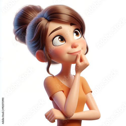 3d charachter adult woman daydreaming thinking person portrait, white background. Human people feelings expression concept