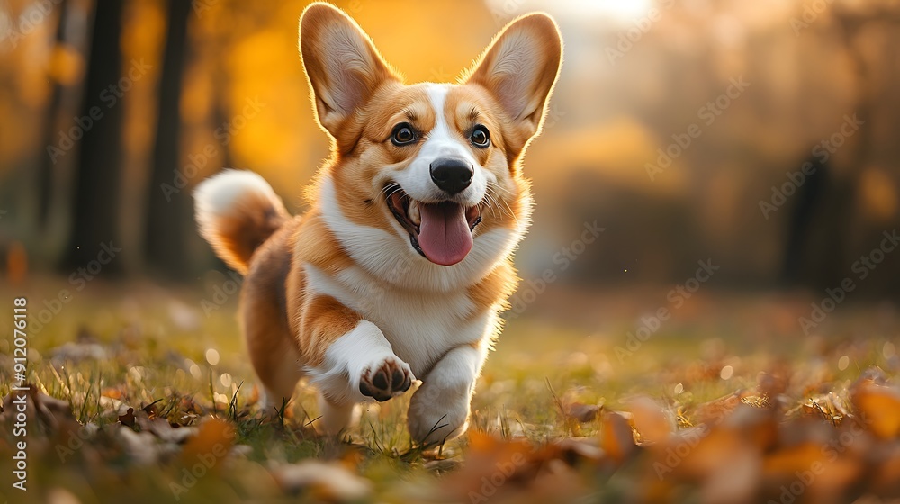 Happy Corgi Running in Autumn Leaves. Happy Corgi Running in Autumn Leaves.