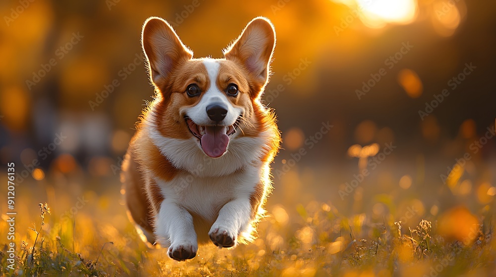 Happy Corgi Running Through Golden Sunset Grass. Happy Corgi Running Through Golden Sunset Grass.