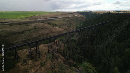 Aerial under Camas Prairie Railroad old train trestle in Grangeville Idaho photo