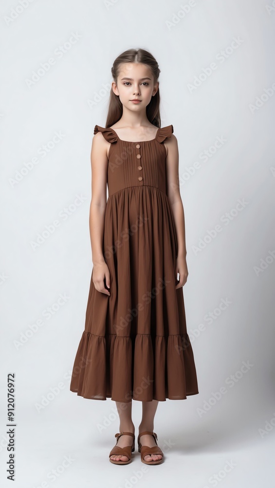 girl in brown summer dress on white plain background pictorial model shoot portrait girl in brown summer dress on white plain background pictorial model shoot portrait
