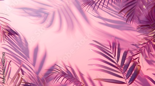 Pink background with tropical foliage shadows. Summer tropical travel concept