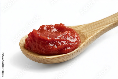 Tomato paste on the wooden spoon in the white studio background.