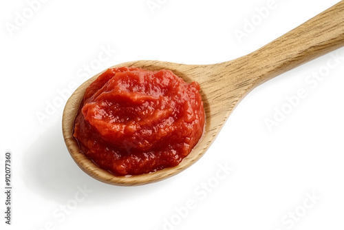 Tomato paste on the wooden spoon in the white studio background.