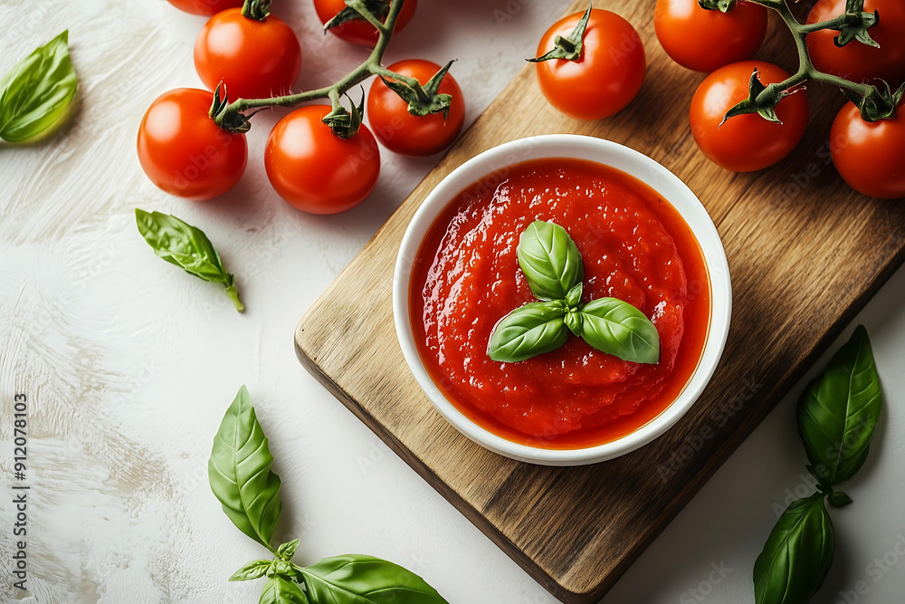Aerial top view of Tomato paste in the white small bowl on the white studio background Aerial top view of Tomato paste in the white small bowl on the white studio background